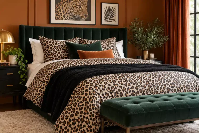 Leopard print bedding with an emerald green velvet headboard, black throw, rust accents and warm terracotta bedroom walls