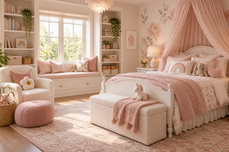 Soft pink little girl’s bedroom with canopy bed, floral accents, rainbow pillow, reading chair, built-in storage, and warm natural light
