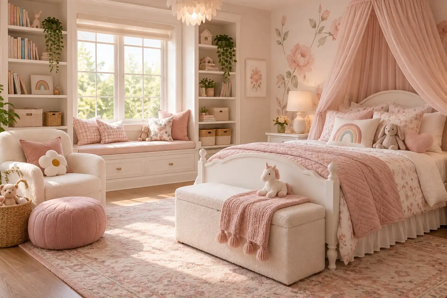 Soft pink little girl’s bedroom with canopy bed, floral accents, rainbow pillow, reading chair, built-in storage, and warm natural light