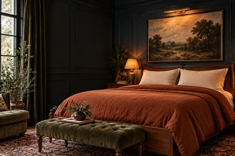 Moody bedroom with dark paneled walls, rust bedding, olive bench, warm lamp and landscape artwork