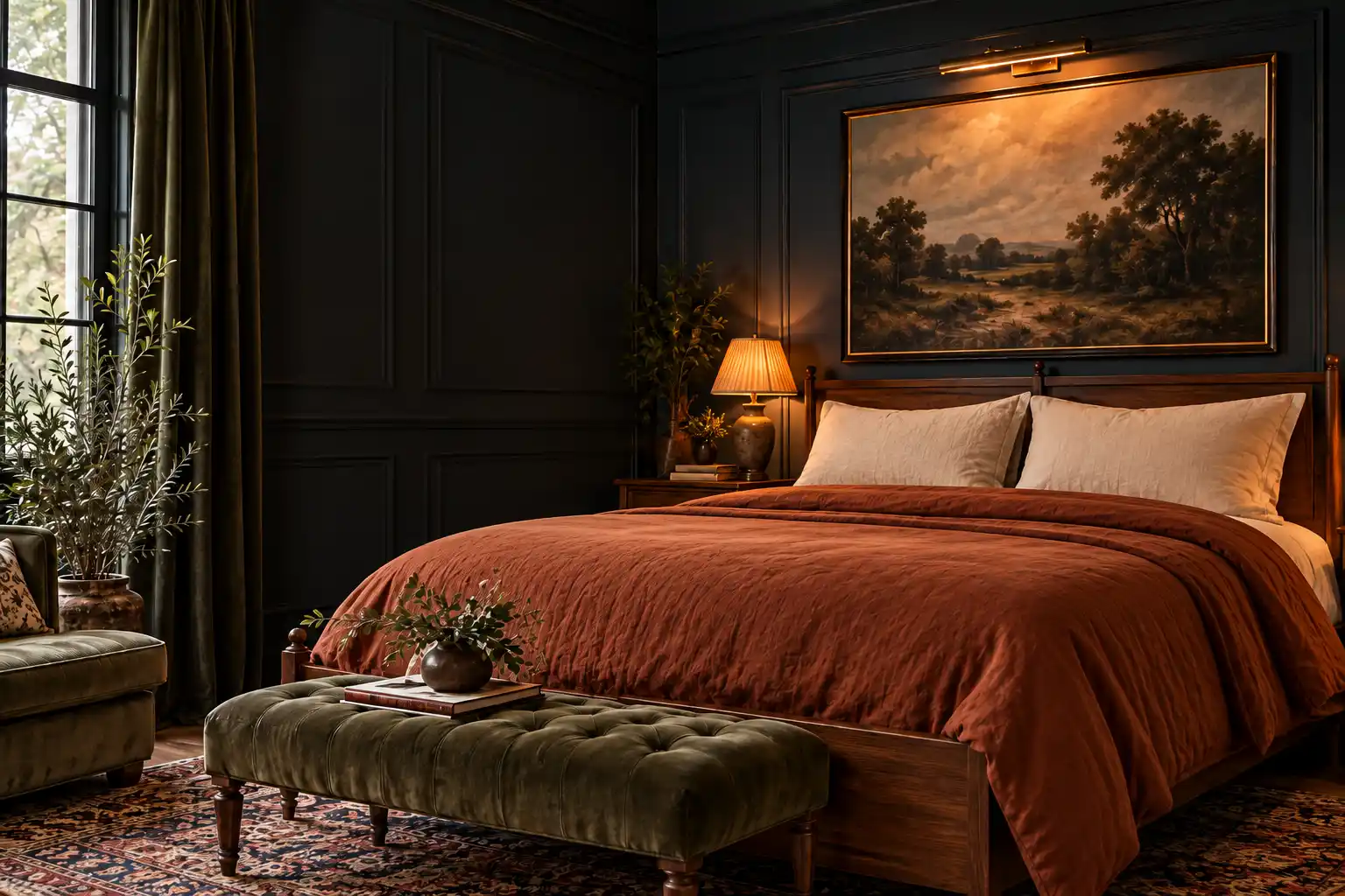 Moody bedroom with dark paneled walls, rust bedding, olive bench, warm lamp and landscape artwork