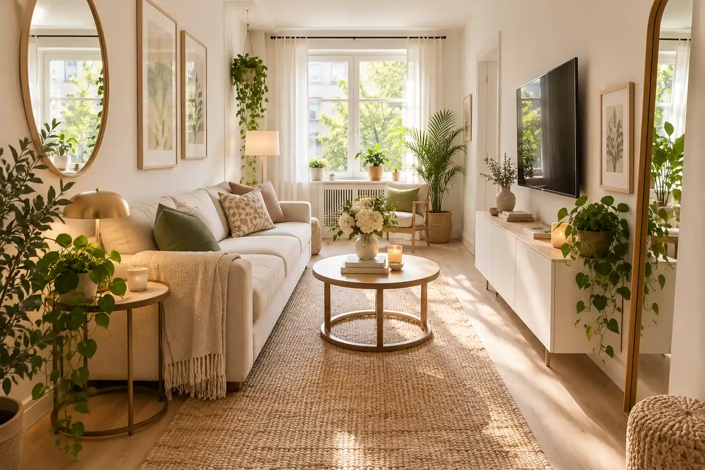 Bright narrow living room with a light sofa, round coffee table, wall-mounted TV, tall mirrors, plants, and an open center walkway.