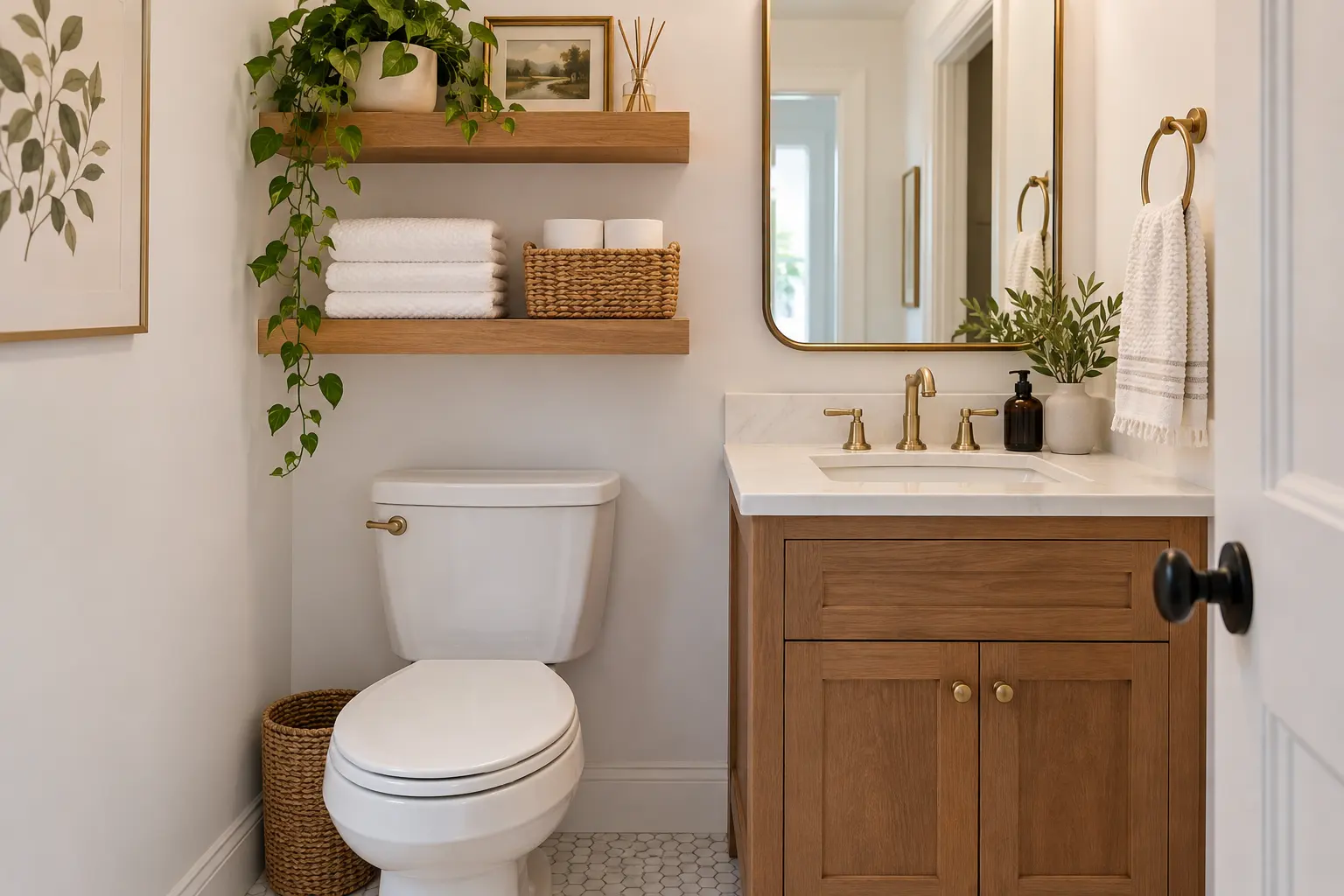 Small powder room with floating wood shelves, folded white towels, woven storage baskets, and a compact wood vanity.