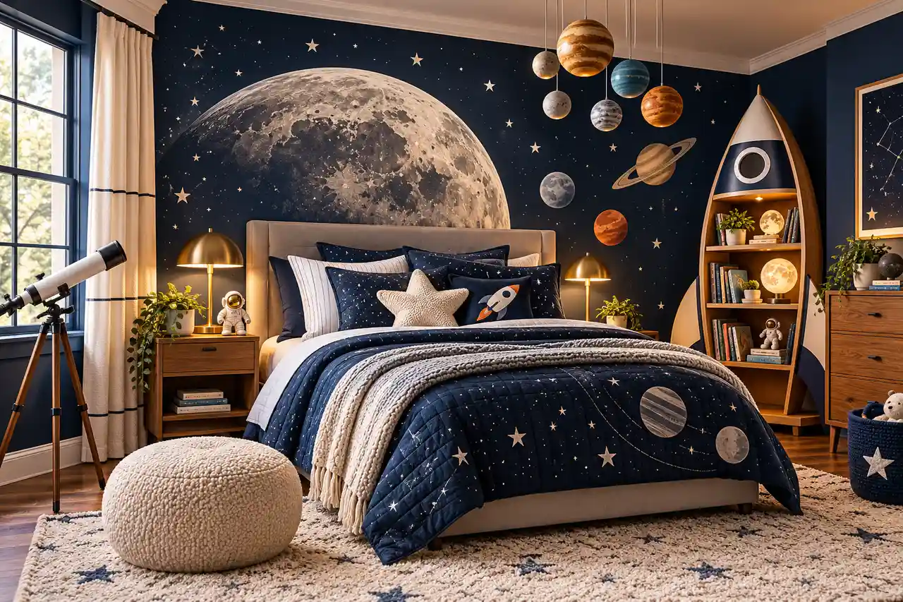 Cozy space-themed bedroom with navy star wall, large moon mural, planet decor, telescope, rocket bookshelf, and dark blue bedding