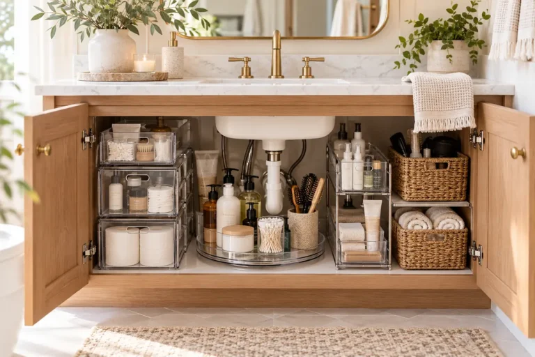 Organized bathroom vanity with clear drawers, a turntable, woven baskets, toiletries, towels, and visible under-sink plumbing.