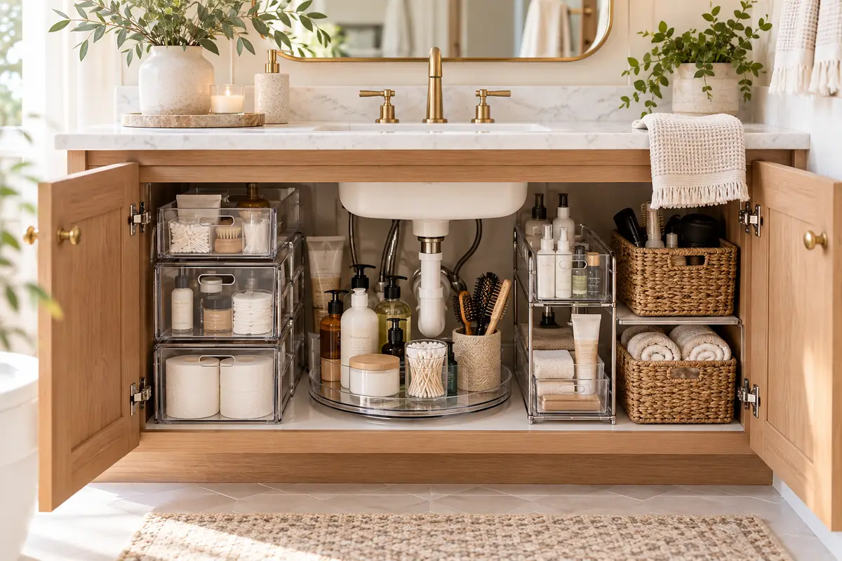 Organized bathroom vanity with clear drawers, a turntable, woven baskets, toiletries, towels, and visible under-sink plumbing.