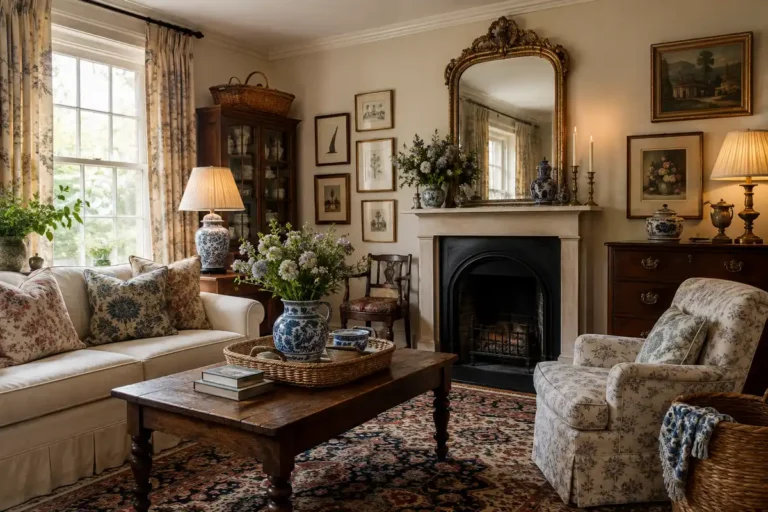 Vintage living room with ornate gold mirror, floral seating, blue and white ceramics, dark wood furniture, patterned rug, and fresh flowers.
