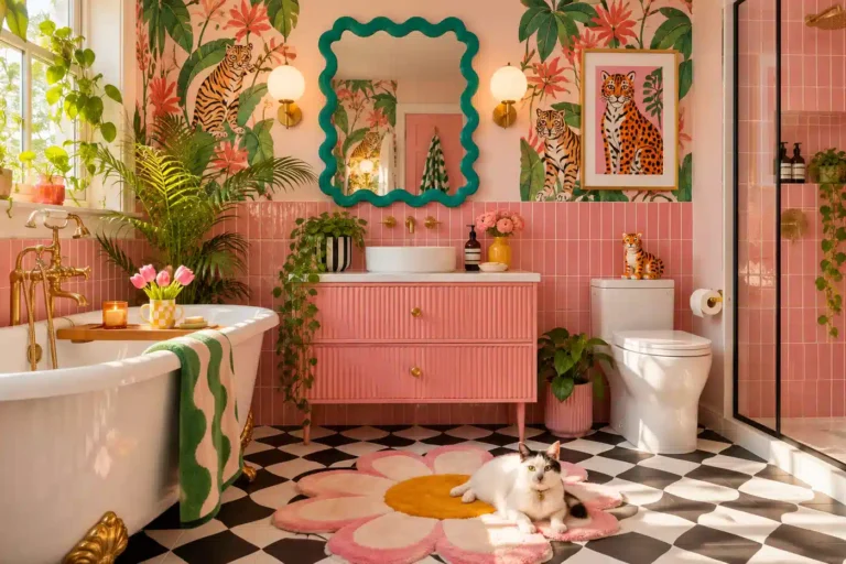 Whimsical pink bathroom with tropical wallpaper, teal wavy mirror, black and white patterned floor, green plants, freestanding tub, and playful decor
