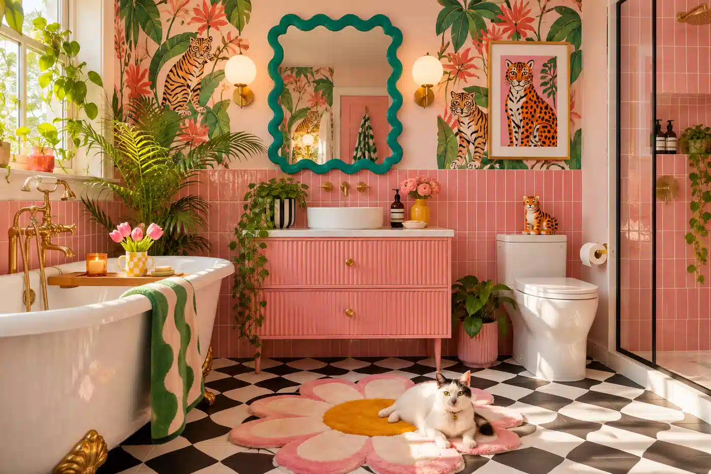 Whimsical pink bathroom with tropical wallpaper, teal wavy mirror, black and white patterned floor, green plants, freestanding tub, and playful decor