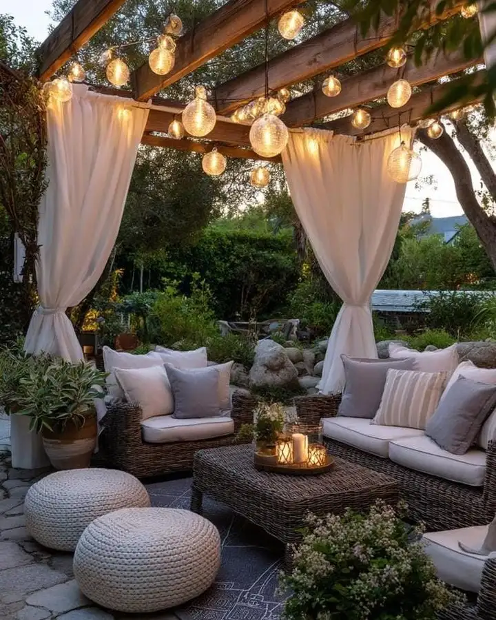 White-curtained wooden pergola with wicker sofas, outdoor coffee table, and warm string lights