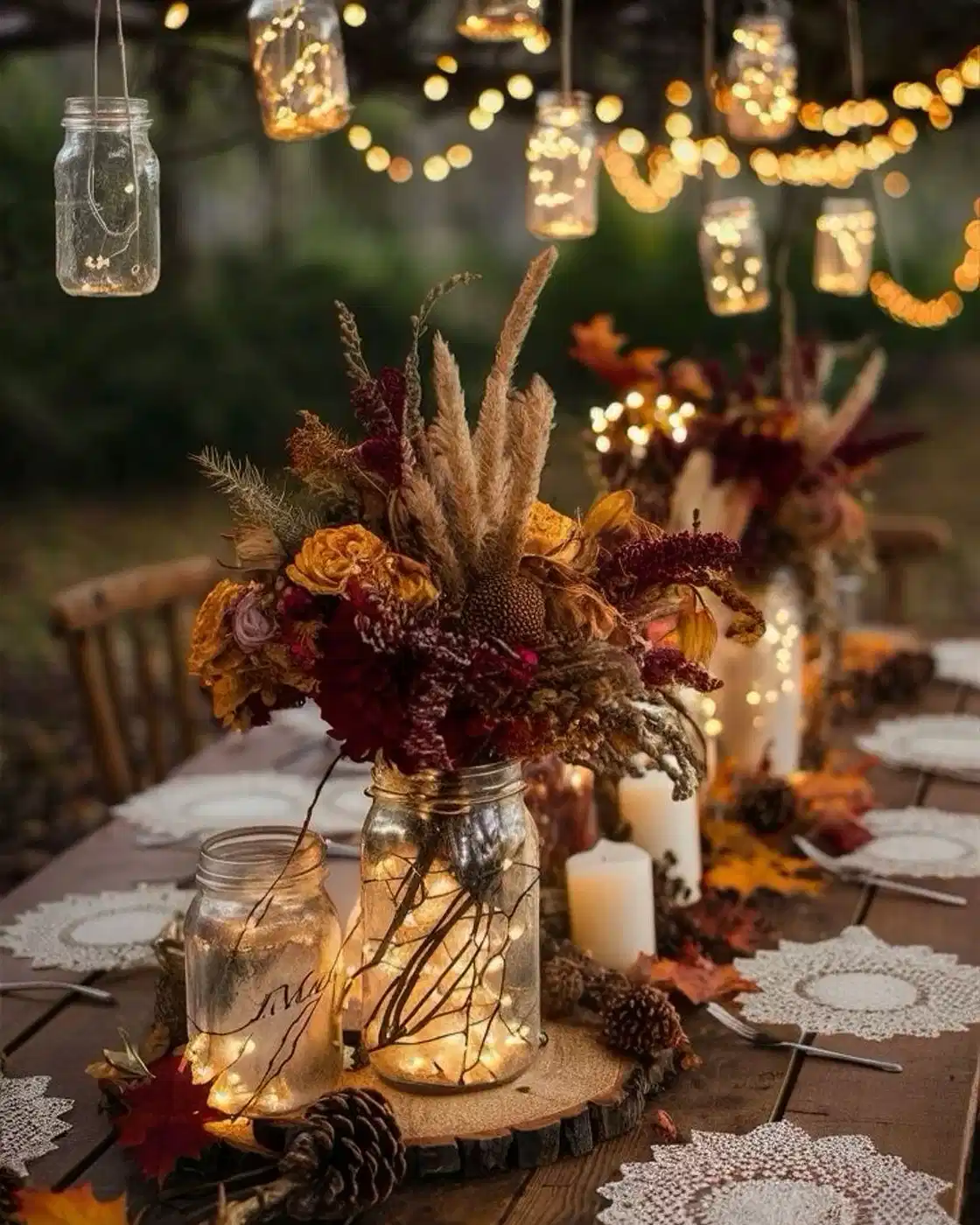 Outdoor autumn table decorated with dried foliage, rustic pumpkins, and warm candlelight
