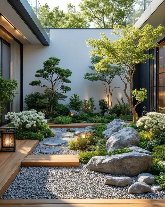 Japanese garden with large natural rocks, stepping stones, a Japanese maple, gravel, and a wooden deck