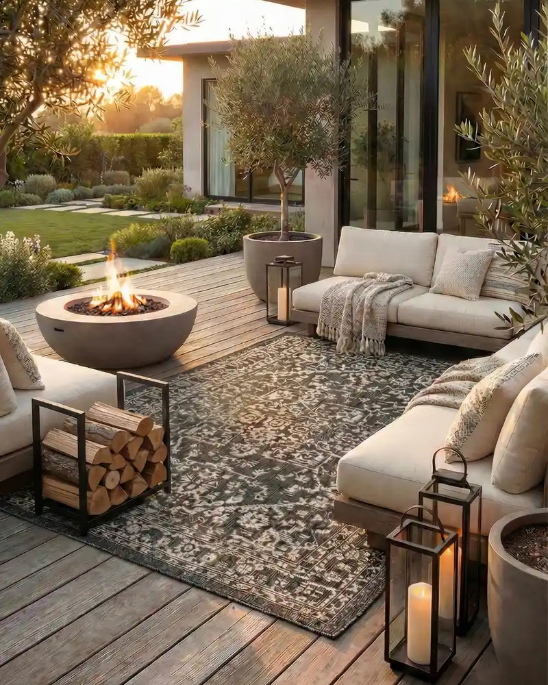 Neutral outdoor patio rug layered beneath a stone coffee table with cream cushions and natural textures.