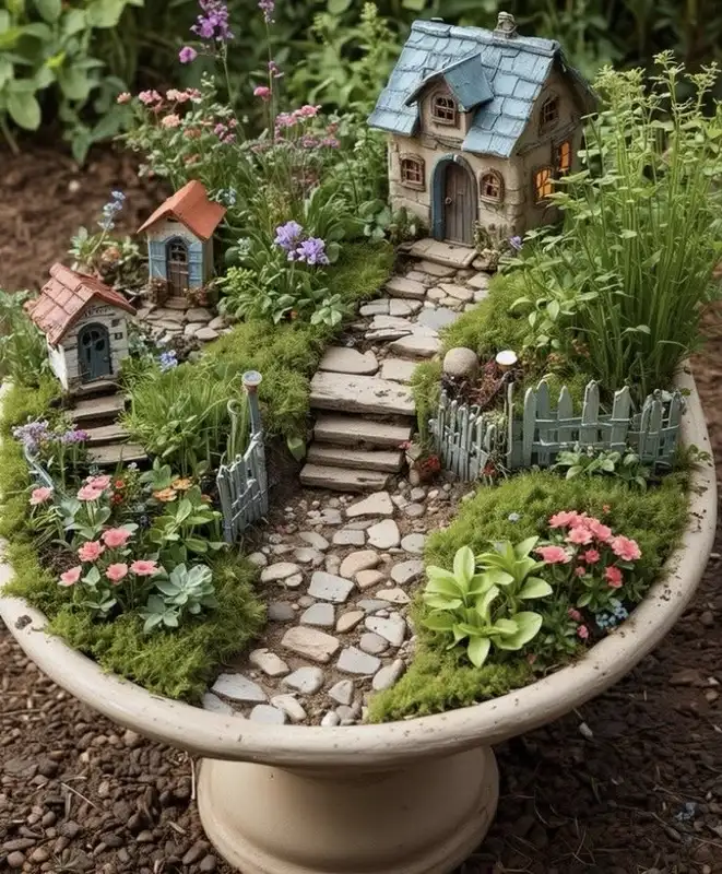Miniature fairy garden with a winding stone path, moss, flowers, and tiny fairy houses