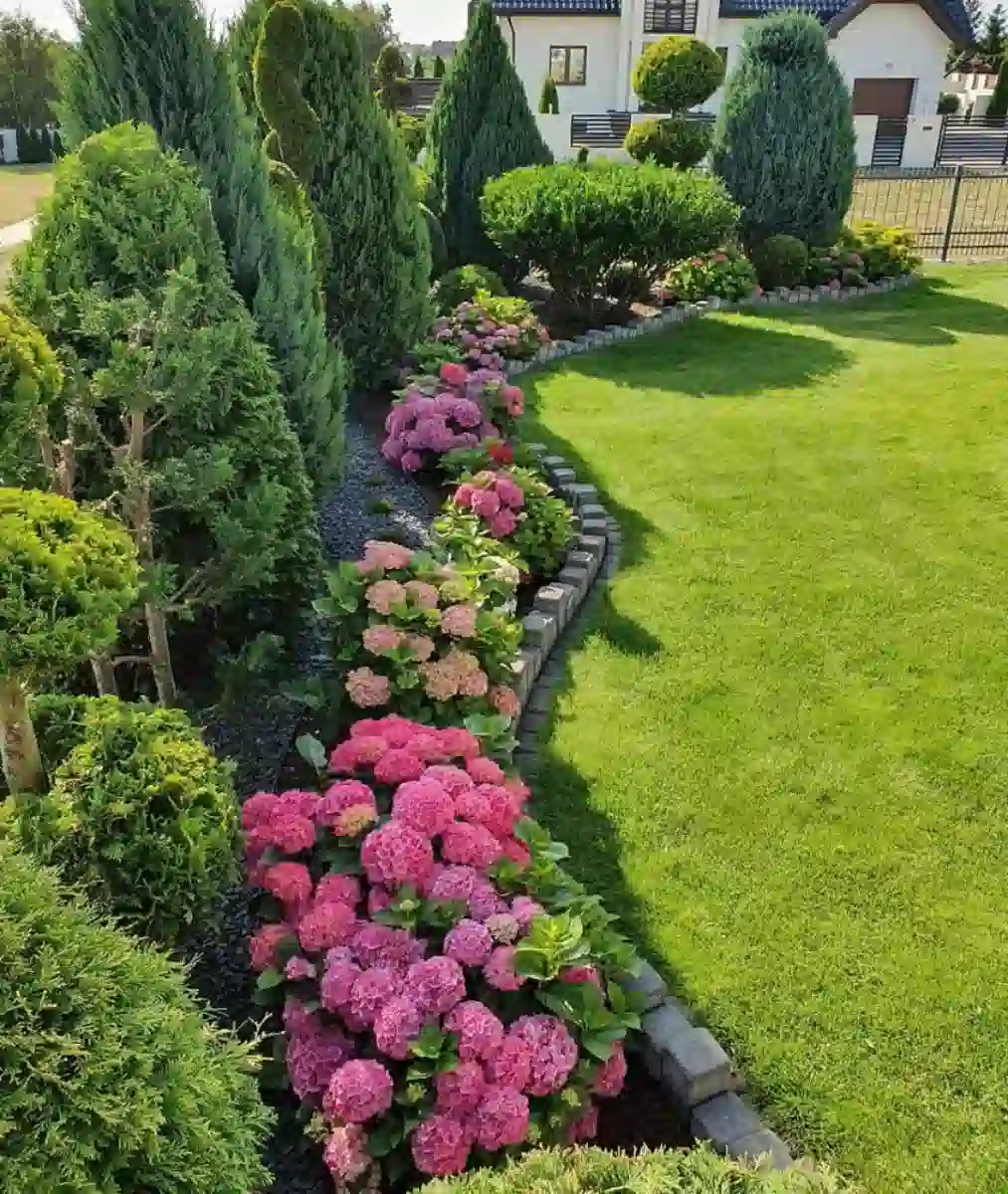 Pink flowers forming a curved border along a green front lawn with tall evergreen shrubs behind them.