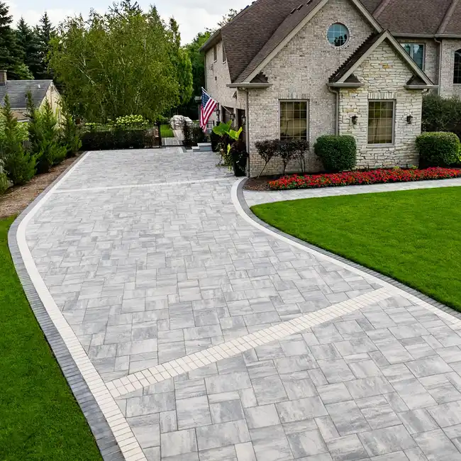 Curved pale paver driveway bordered by green lawn and a narrow planting bed leading toward a house