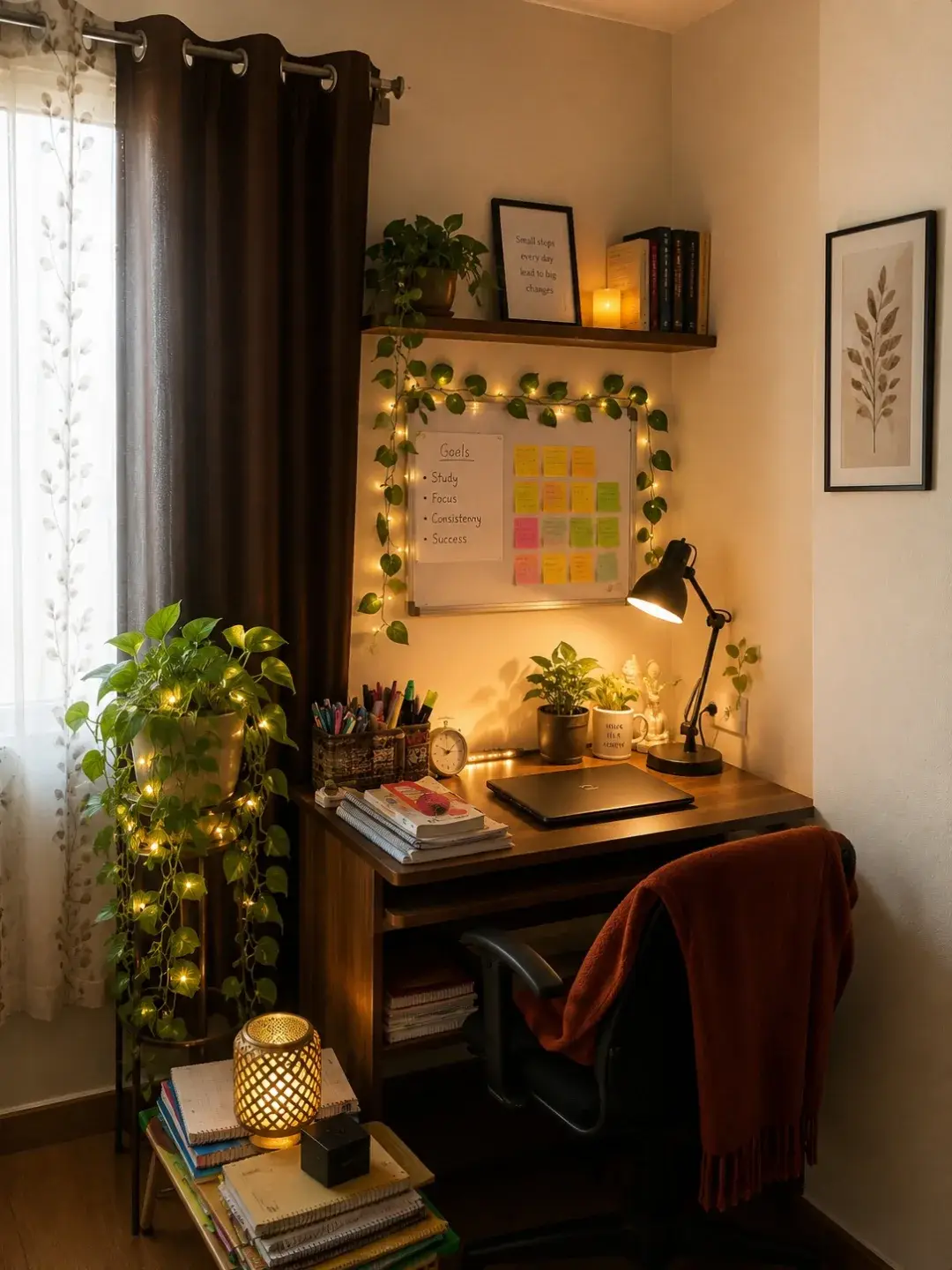 Dorm desk beside a window with trailing green plants, warm string lights, and a compact study setup