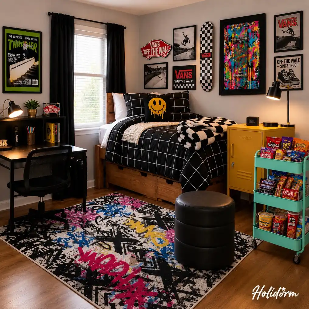 Dark dorm room with black bedding, checkerboard throw, colorful wall art, skateboard decor, and bright yellow storage