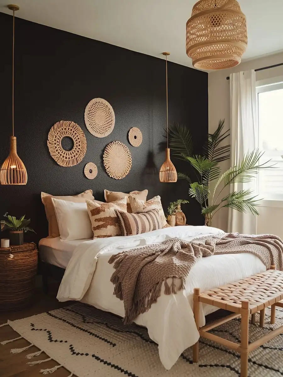 Dark boho bedroom with a black accent wall, white bedding, woven rattan wall decor, warm brown pillows, and natural textures