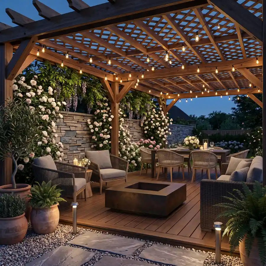 Wooden pergola covered with climbing roses overlooking a stone patio with dining and lounge areas