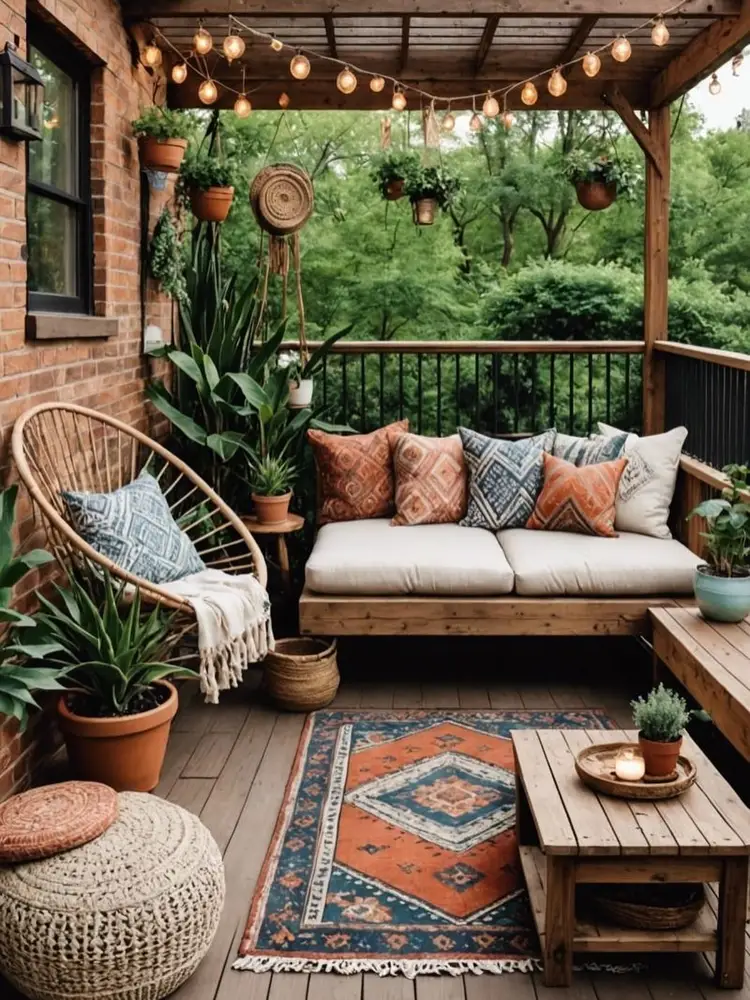Terracotta patterned outdoor rug in a cozy patio with wooden furniture, greenery, and pale cushions.