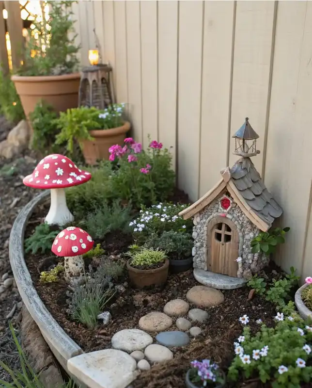 Fairy garden village tucked against a wall with colorful flowers, stones, and mushroom decorations