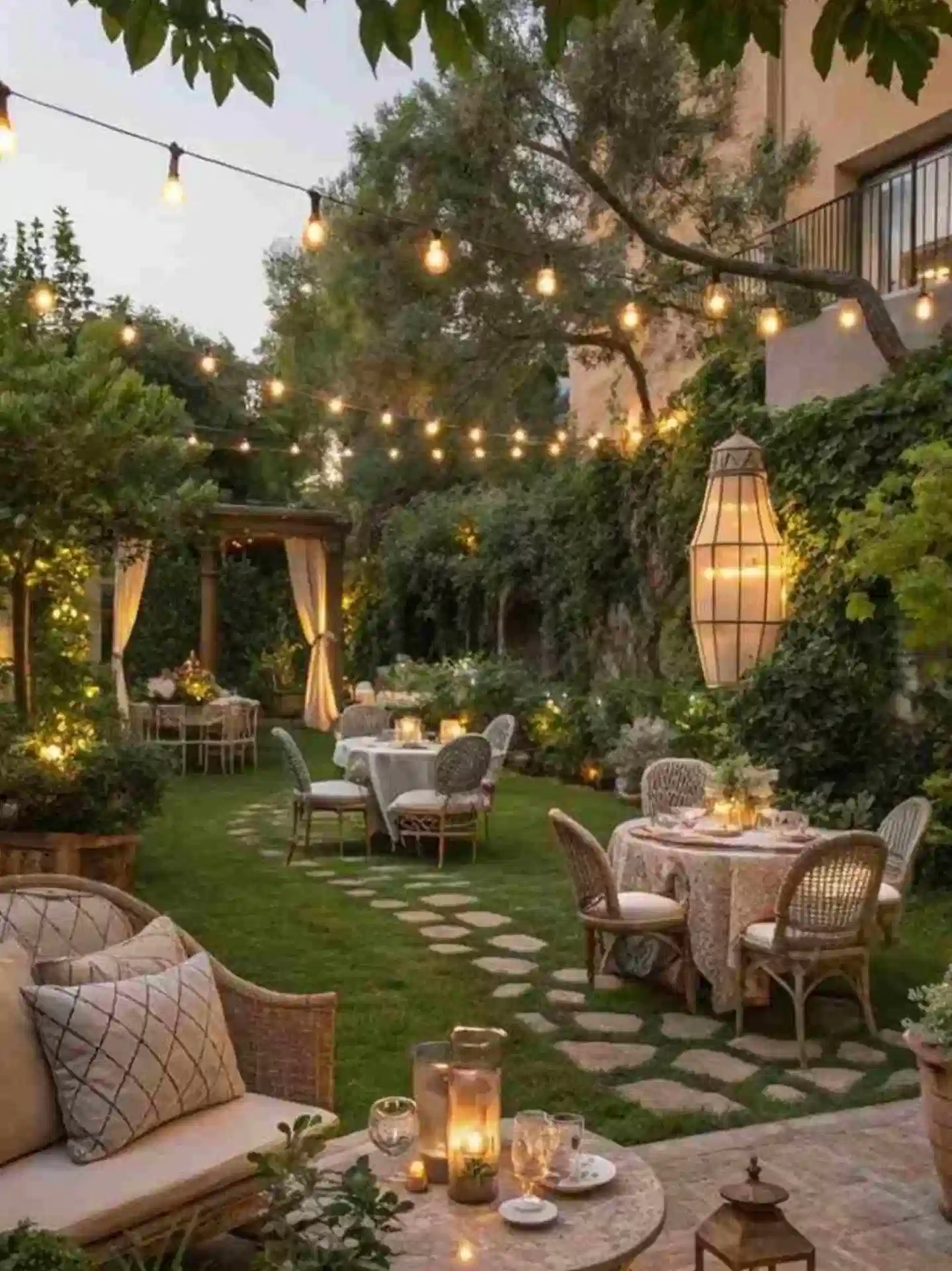Outdoor string lights above garden seating surrounded by leafy trees