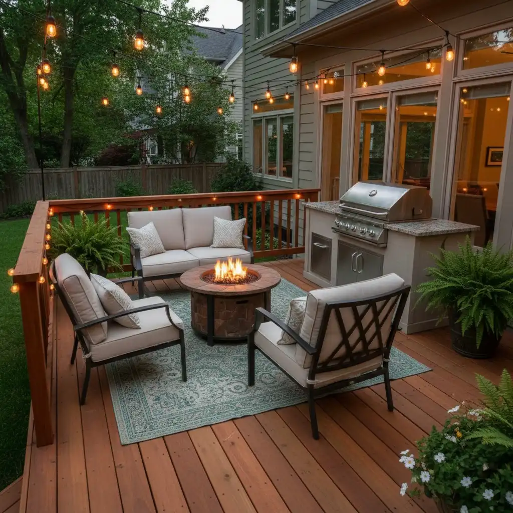 Wooden deck with round fire pit, cushioned chairs, turquoise rug, and outdoor kitchen