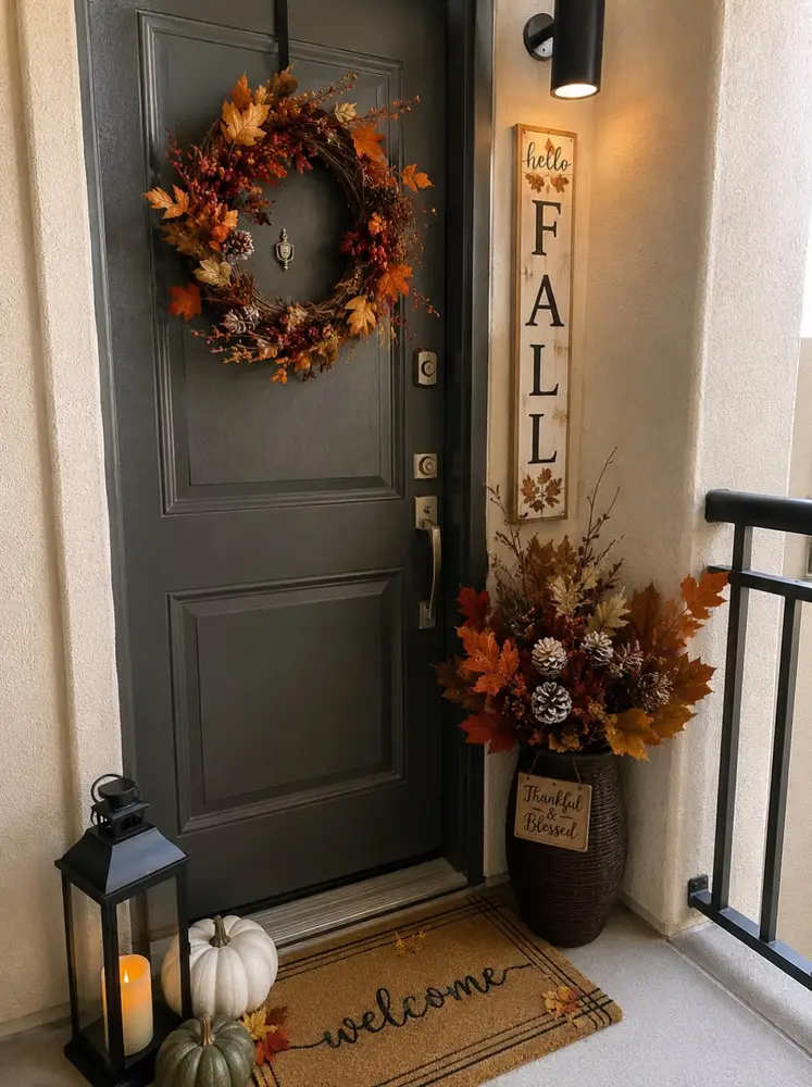 Dark gray front door with a fall wreath, tall wooden welcome sign, and autumn flower planters