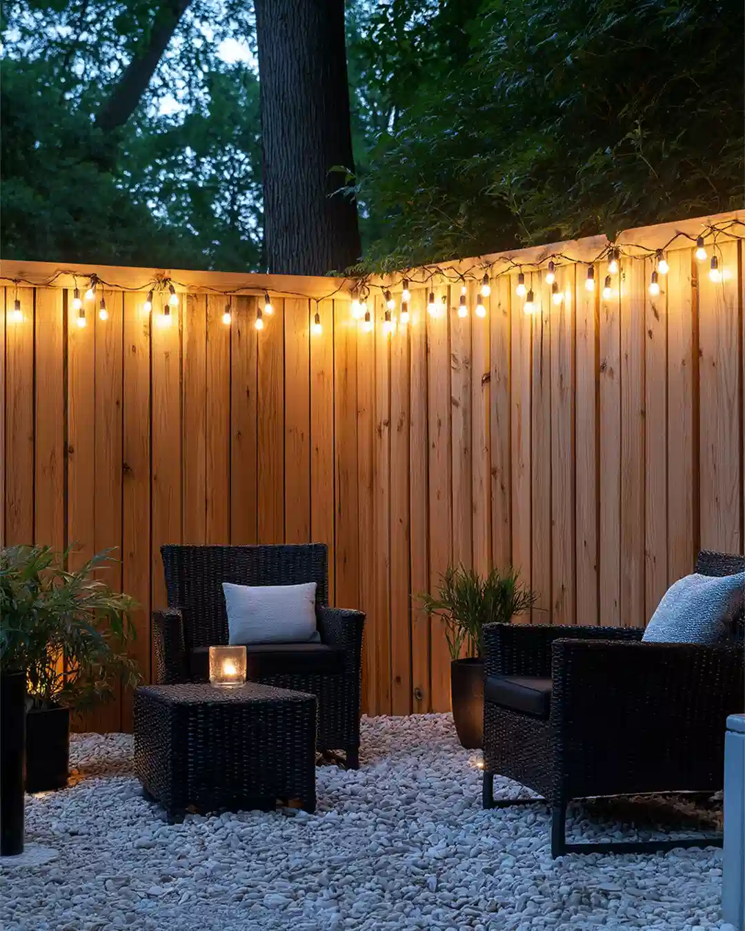 Outdoor string lights hanging along a wooden fence beside patio chairs