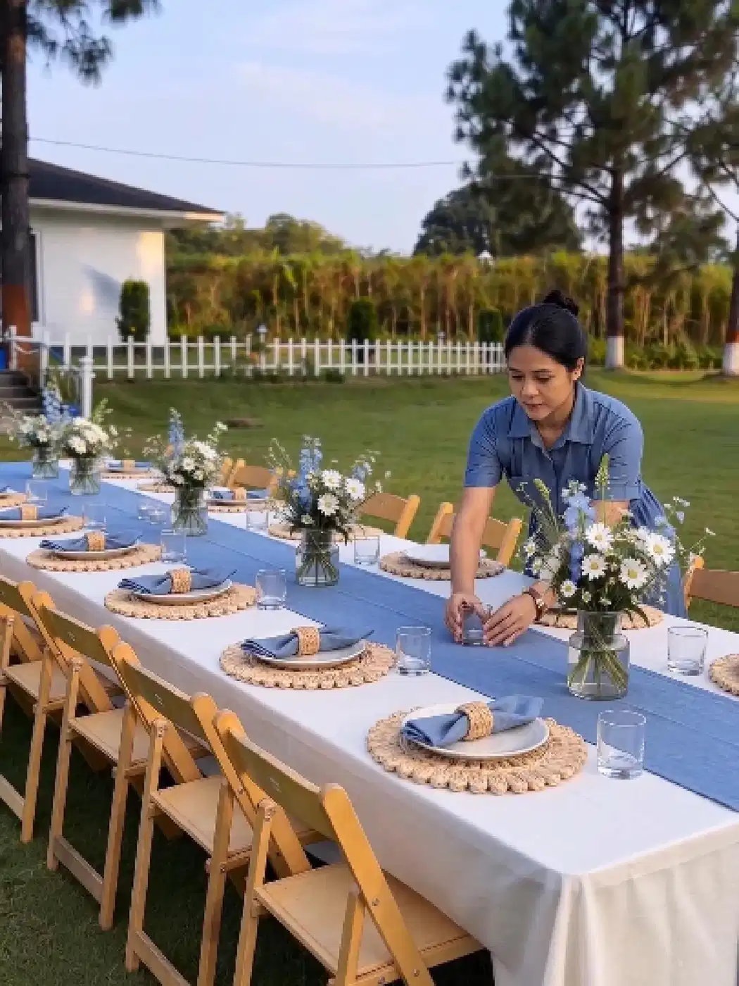 Long outdoor banquet table with white tablecloth, blue place settings, floral centerpieces, and wooden chairs