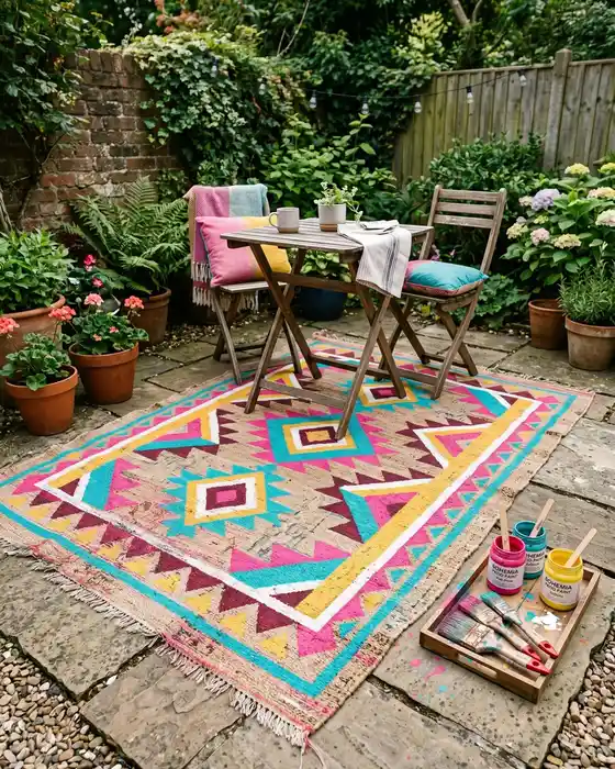 Bright geometric outdoor patio rug with pink, turquoise, yellow, and orange colors in a garden seating area.