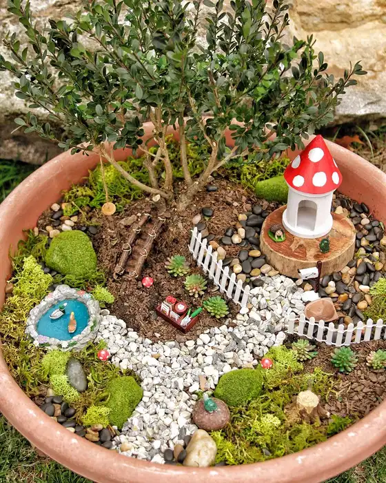 Whimsical fairy garden featuring a bright red mushroom house surrounded by moss, gravel, and tiny decorations