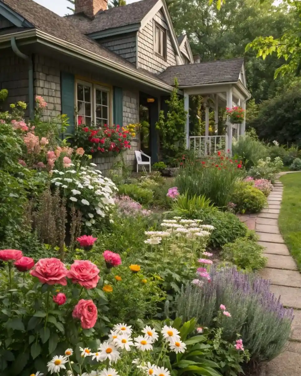 Winding front walkway bordered by pink flowers, white blooms, purple flowers, and ornamental grasses