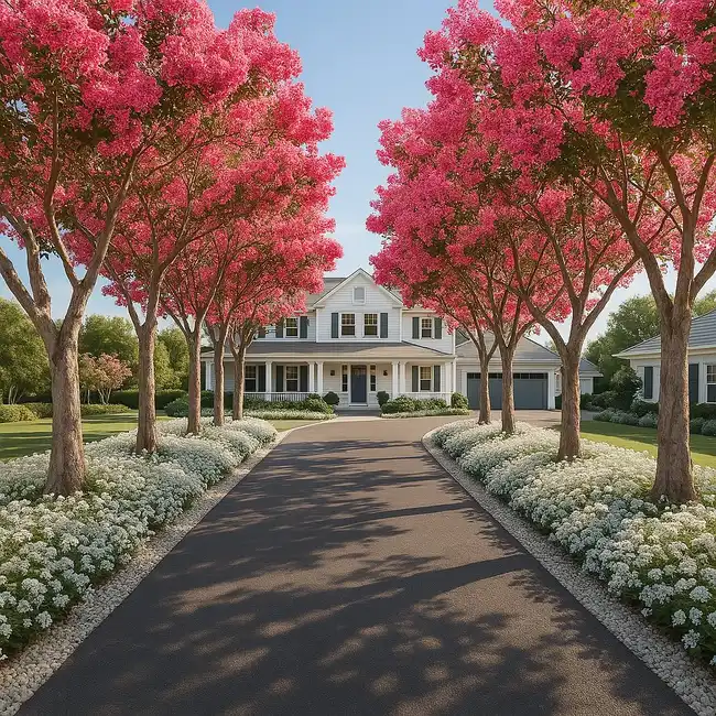 Long driveway lined with pink flowering trees and low greenery leading toward a house