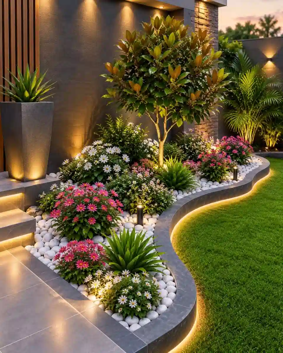 Curved garden bed with white edging, succulents, flowering plants, and outdoor lights outlining the lawn.