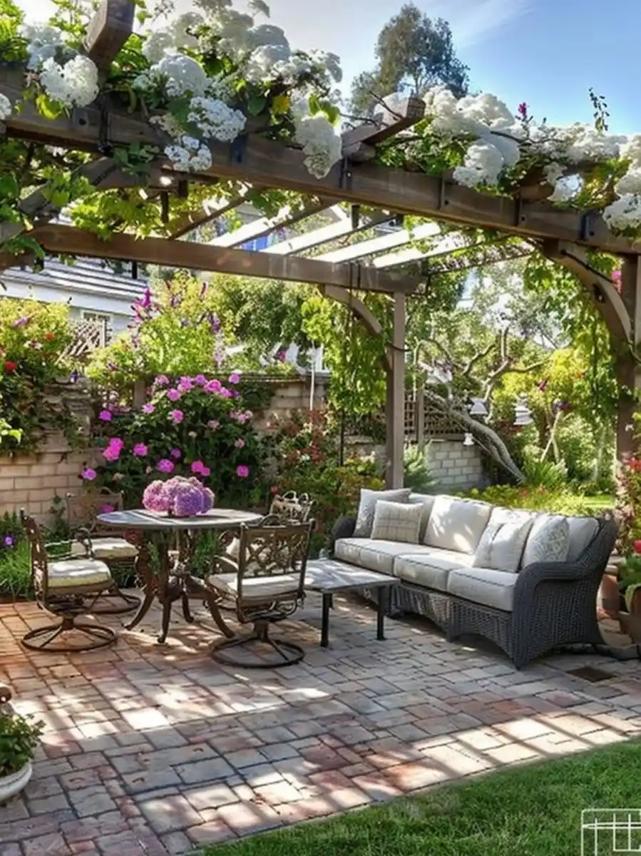 Flower-covered wooden pergola with white hydrangeas, pink roses, wicker seating, and brick paving