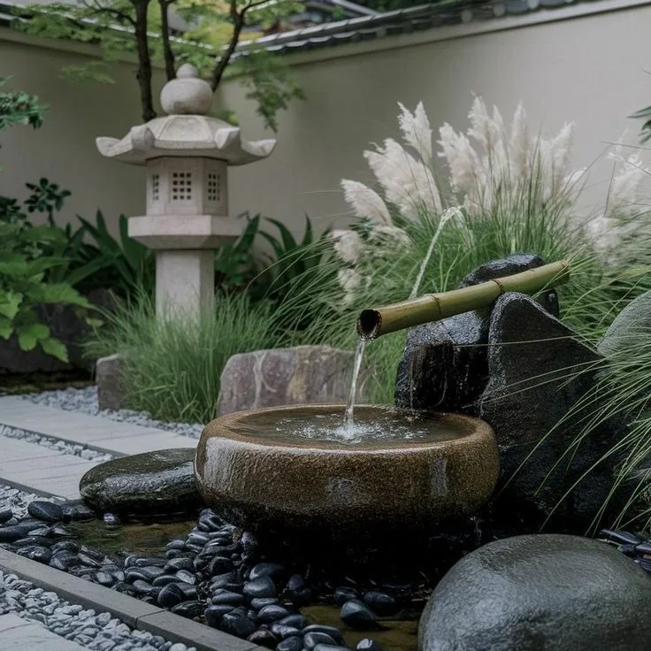 Japanese stone water basin with a bamboo spout, stone lantern, ornamental grasses, and gravel