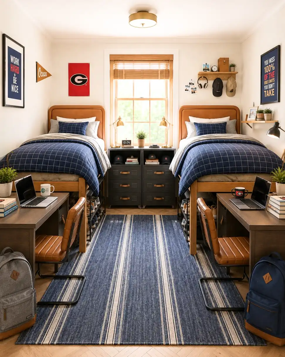 Shared dorm room with two navy beds, matching desks, storage units, and a long striped rug