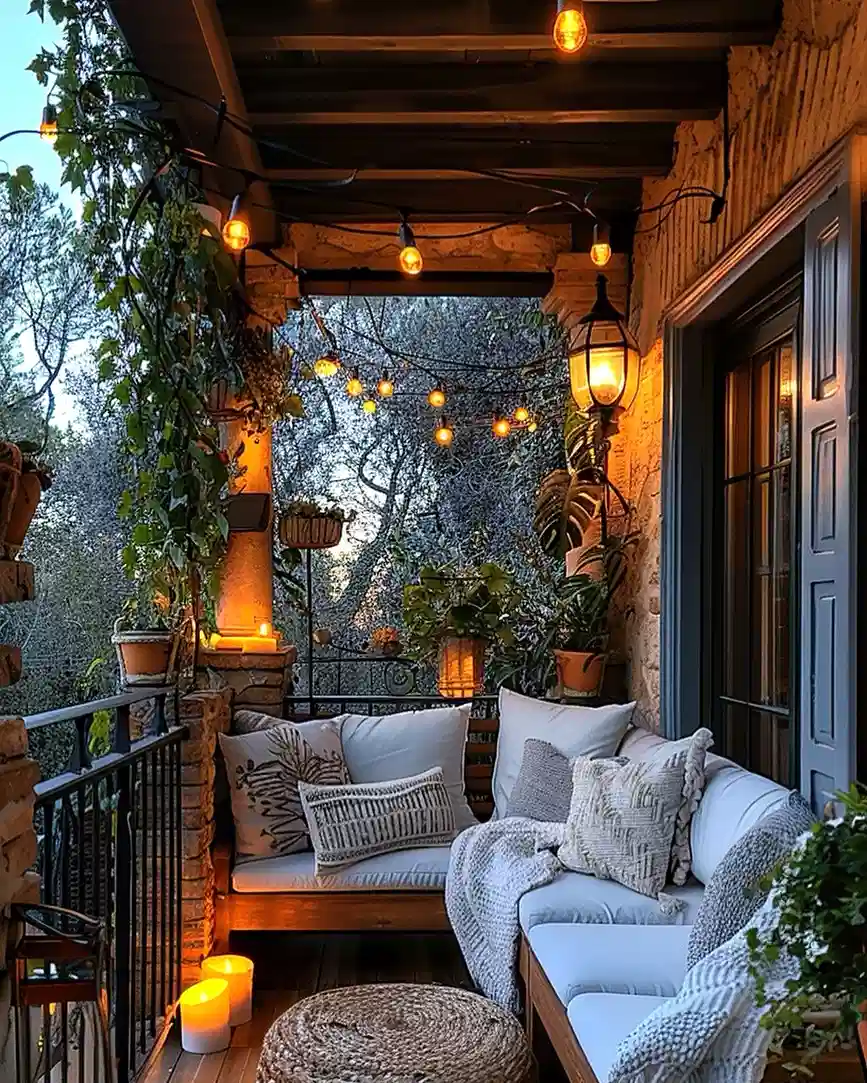 Outdoor string lights running across a covered porch ceiling above a cushioned bench