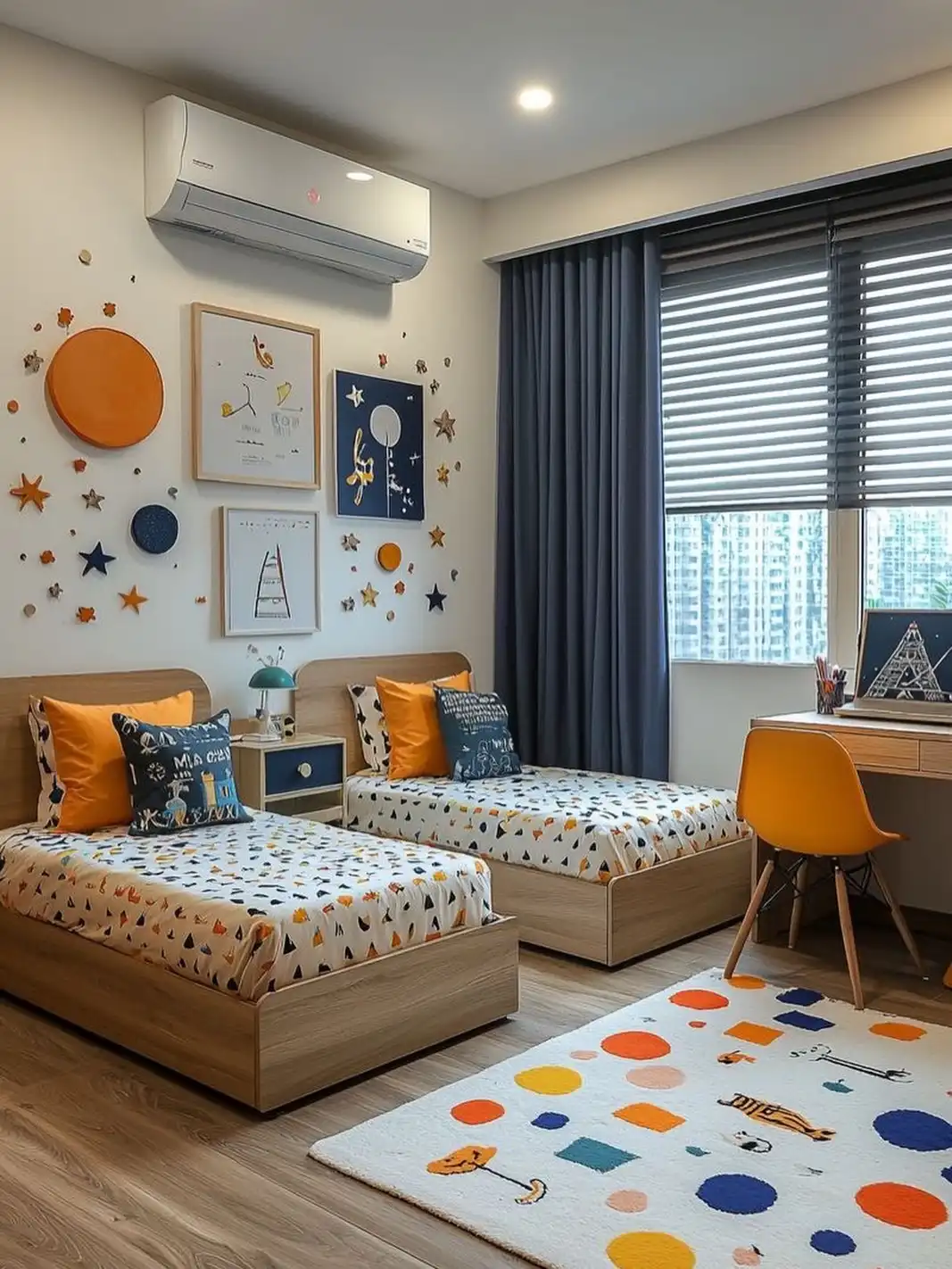 Shared kids bedroom with two beds, under-bed storage, patterned rug, and compact desk