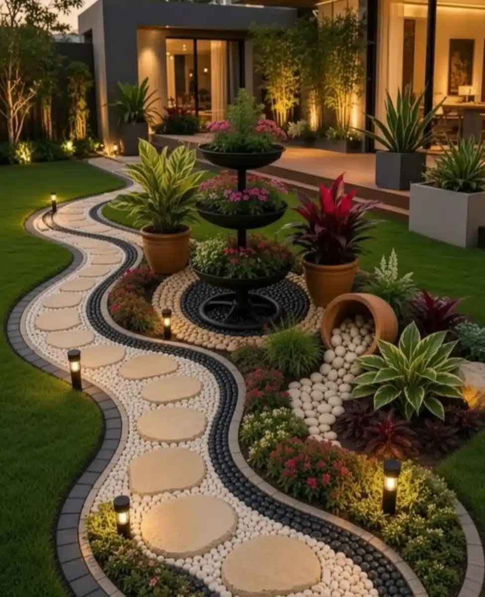 Winding stepping-stone path through landscaped planting beds with small garden lights along the route.