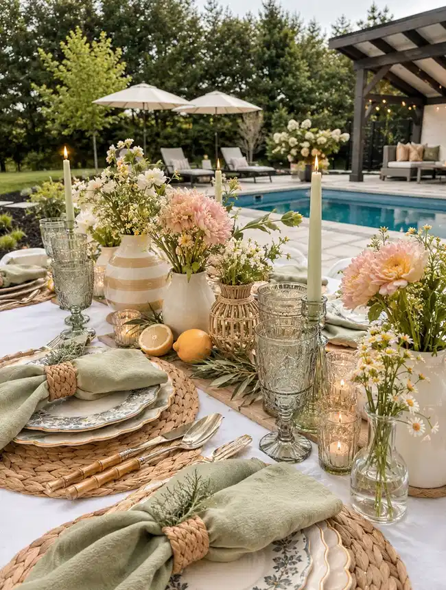 Outdoor dining table styled with cream flowers, neutral tableware, linen napkins, and woven placemats
