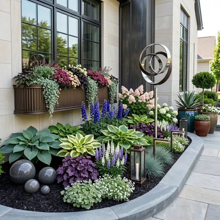 Front flower bed combining purple flowers, green foliage, decorative stones, and potted plants