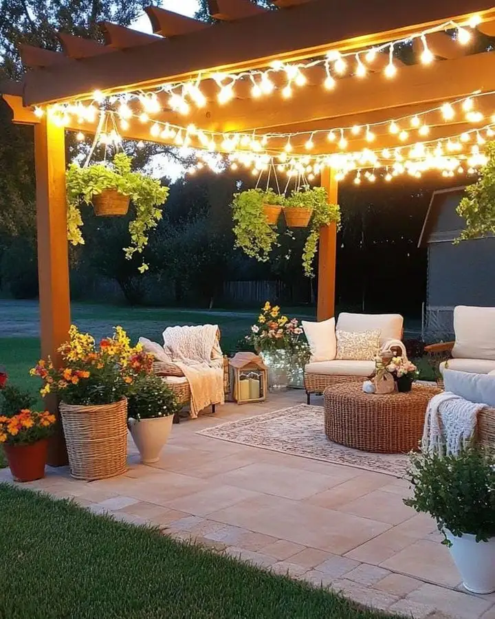 Covered patio with rows of warm string lights, hanging baskets, colorful flowerpots, and outdoor seating