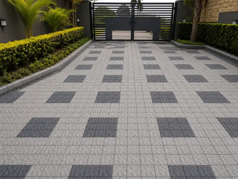 Pale paver driveway with repeating dark square patterns bordered by neatly trimmed hedges