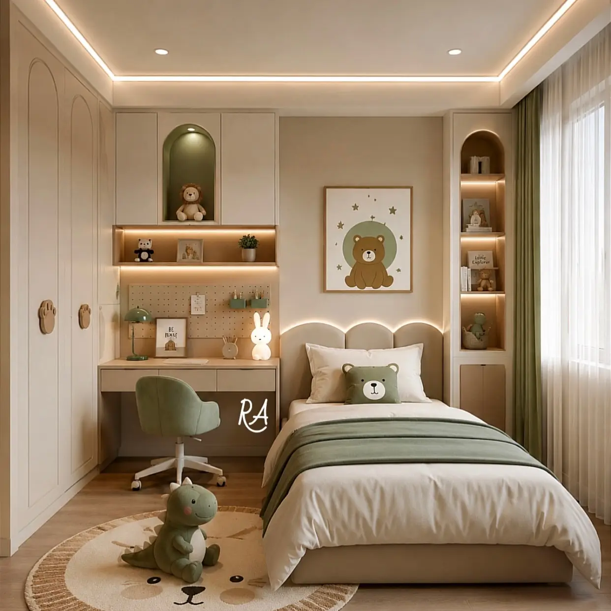 Small kids bedroom with built-in bed, desk, wardrobe, shelving, and warm integrated lighting