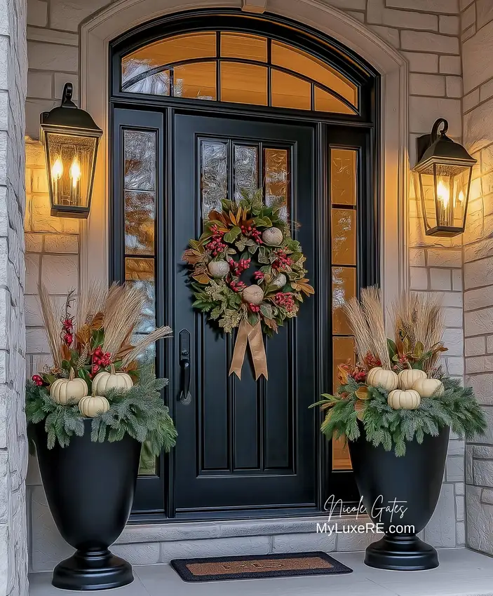 Black arched front door with a large floral wreath, matching lanterns, and white flowers in tall planters