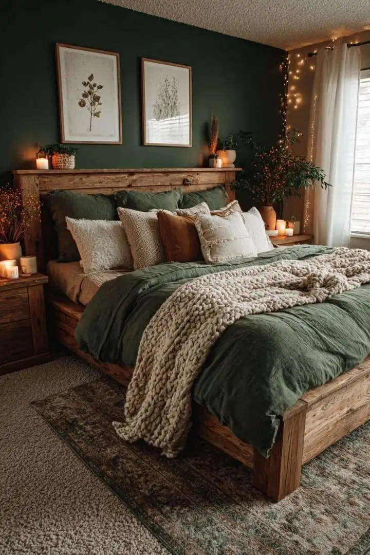 Dark green bedroom with green bedding, chunky cream throw, wooden bed frame, botanical prints, plants, and warm string lights