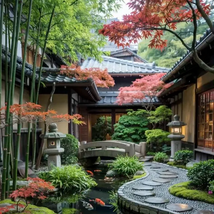Japanese garden with tall bamboo, red maple foliage, a winding stone path, and wooden pavilion